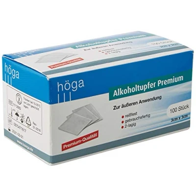 Image de Höga Pharm Lot de 100 tampons alcoolisés qualité supérieure, pour usage extérieur, indéchirables, prêts à l&#039;emploi, 2 couches, 1 paquet (1 x pièces)
