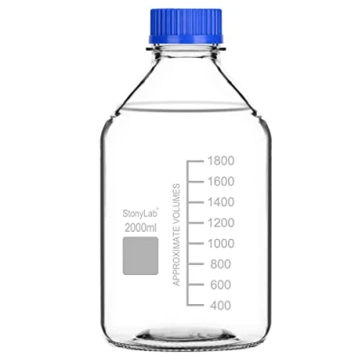 Afbeelding van stonylab Opslagfles met schaalverdeling GL45, 2000 ml, van transparant glas, rond, voor laboratoriumreagentia schroefsluiting, blauw, 1 verpakking