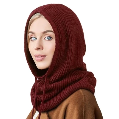 Afbeelding van DRESHOW Winterhoeden voor dames, balaclava gebreide beanie schedel pet met trekkoord hoed sjaal capuchon, 1 x capuchonhoed: bordeauxrood