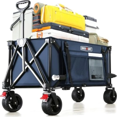 Afbeelding van Overmont Opvouwbare bolderkar, 8,1 cm brede wielen, grote inhoud van 150 liter, met zijvakken, bekerhouder, verstelbare handgreep, belastbaar tot kg, voor de