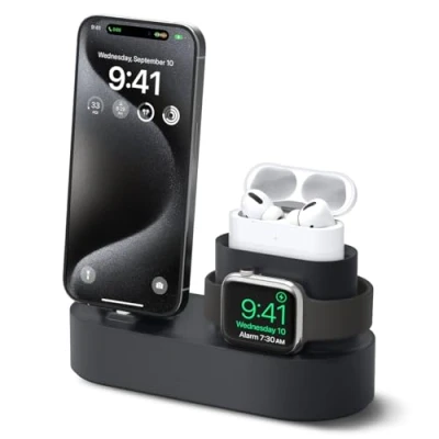 Afbeelding van elago 3 in 1 oplaadstation compatibel met Apple Watch serie 10/9/8/7/6/5/4/3/2/1/SE, AirPods Pro 2/1, 3/2/1, alle iPhone series [originele kabel vereist niet inbegrepen] (zwart)