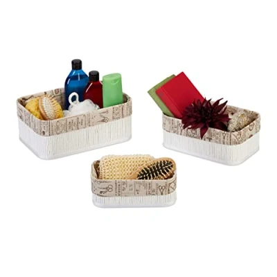 Afbeelding van Relaxdays opbergmand set van 3 kastmand toiletmand rechthoekig bamboe &amp; stof wit