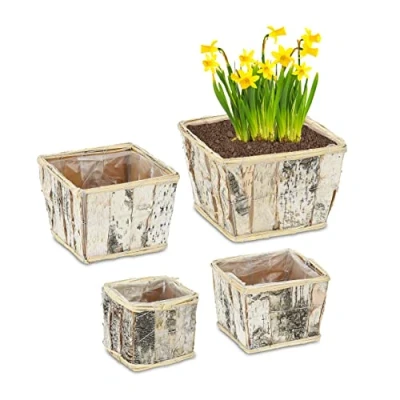 Afbeelding van Relaxdays bloempot hout set van 4 plantenpot woonkamer kleine sierbak voordeur
