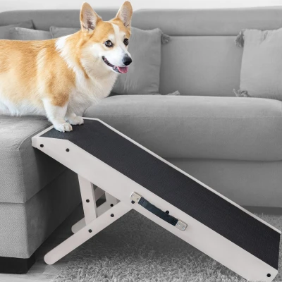 Afbeelding van Hondenloopplank Hondentrap Voor grote en kleine honden PriorPet Instelbaar 18 tot 53 cm Bed Bank Berkenhout Landingsplatform sluit naadloos aan Loopplank Hond Opvouwbaar Hagelwit