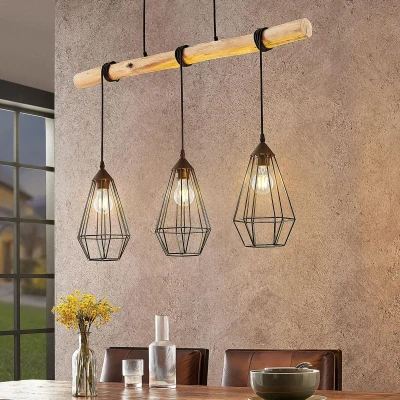 Afbeelding van Lindby hanglamp 3lichts ijzer, hout E27 mat zwart, licht