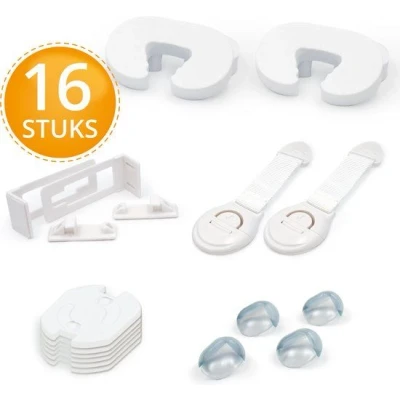 Afbeelding van LUVION® 16 delige Baby en Kinderveiligheid Set 2x Foam deurstopper voor binnen 4x Kinderslot kastjes lades Transparante hoekbeschermers tafel kast 6x Stopcontactbeveiliging