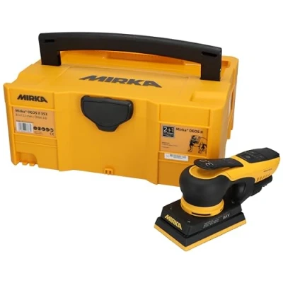 Afbeelding van Mirka DEOS II 353 Vlakschuurmachine in koffer, 81 x 133 mm, 300 W, trillingsarme schuurmachine voor stofvrij schuren van hout, gipsplaten en metaal met klittenband schuurmiddel