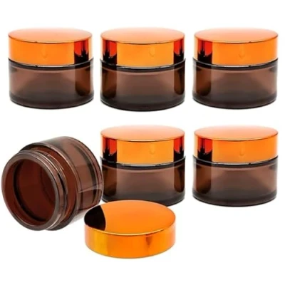 Afbeelding van INHEMING Set van 6 lege crèmepotjes amber glas, 30 ml, crèmepot, kleine om te vullen, cosmetica container met deksel