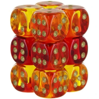 Afbeelding van Chessex Gemini dobbelstenen, 16 mm, transparant, 12 stuks, rood/geel met goud