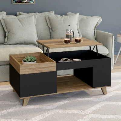 Image de Table basse rectangulaire plateau relevable et amovible avec coffre LOLA bois noir IDMarket
