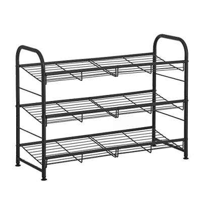 Afbeelding van SONGMICS 3 laags schoenenrek, stapelbare schoenenopberger, plaats voor maximaal 12 paar, staal, 68,5 x 27,5 49,5 cm, hoge hakken, sneakers, pantoffels, in de hal, zwart