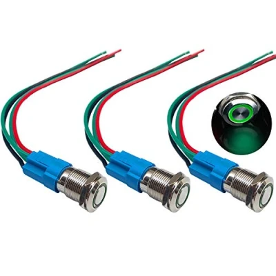 Afbeelding van QitinDasen 3 stuks premium 12 V/24 V A momentdrukknopschakelaar, drukknop schakelaar mm, groene led schakelaar, waterdicht, IP66, met stekkerkabel