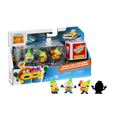 Afbeelding van DESPICABLE ME Set van 4 Minions actiefiguren, Party Bus thema, 3 figuren en 1 geheim om te ontdekken, maat 5 cm, leeftijd jaar, beroemd (MN401200)