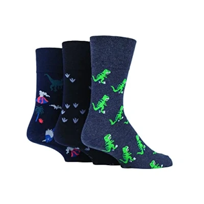 Afbeelding van SockShop Gentle Grip 3 paar herensokken van zacht en ademend katoen, Dinosaurus