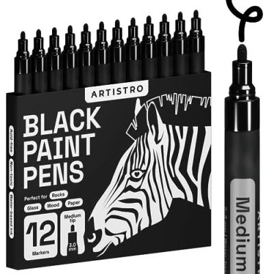Afbeelding van Artistro Verfstiften voor het schilderen op steen, keramiek, glas, hout, band, stof, metaal, canvas, set van 12 markers acrylverf, waterbasis, medium punt (zwart)