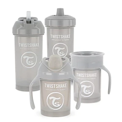 Afbeelding van Twistshake Drinkbekerset voor baby&#039;s, 4 delig, 1 x 360 beker, mini rietjesbeker, kinderbeker, lekvrije flessen, BPA vrije maanden, lichtgrijs