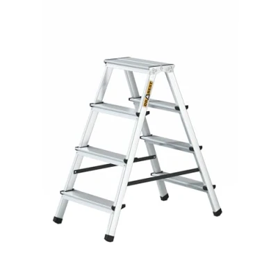 Afbeelding van Drabest Ladder, huishouden, 4 treden, aluminium, dubbelzijdig, capaciteit 125 kg, trapladder met werkplatform, meerdere ladders, 44 x 86,5 16 cm