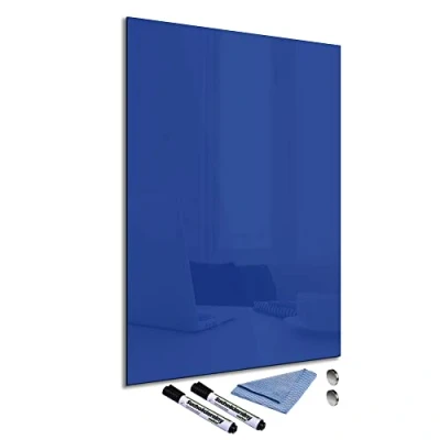 Afbeelding van Glazen bord, blauw, 60 x 90, magneetbord, beschrijfbaar, whiteboard, keuken, kantoor met accessoires, weekplanner, gemakkelijk te reinigen, memobord, decoratief