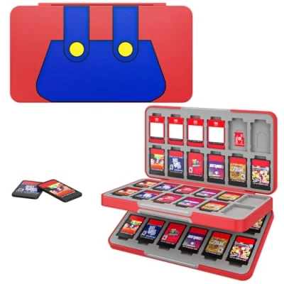 Afbeelding van MoKo Opberghoes voor speelkaarten, compatibel met Nintendo Switch OLED 2021/Switch/Switch Lite, opbergdoos van siliconen 48 vakken, beschermende organizer, tuinbroek, rood
