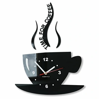 Afbeelding van Mok Tijd voor koffie Moderne keuken wandklok, zwart, 3D Romeinse, wandklok decoratie