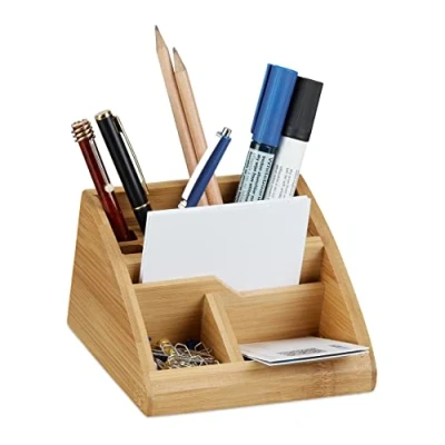 Afbeelding van Relaxdays pennenbakje bamboe bureau organizer bureaustandaard houten pennenhouder