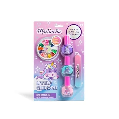 Afbeelding van MARTINELIA Eenhoorn manicureset voor kinderen nail art set 3 nagellakken roze, blauw en paars + 1 vijl nageldecoraties waterlak vanaf jaar cadeau meisjes