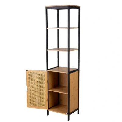 Afbeelding van Style home hoge badkamerkast van bamboe met 3 open vakken en 2 planken, kast voor badkamer, hal, keuken, 40 x 35 172 cm