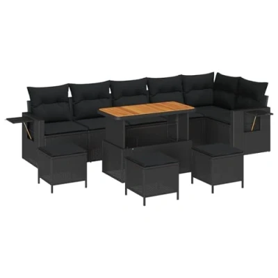 Afbeelding van vidaXL 10 delige Tuin Sofa Set met Kussens Zwart Poly Rattan Acacia