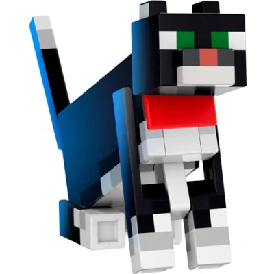 Afbeelding van Mattel Minecraft Diamond Level Tuxedo kattenfiguur met 4 accessoires 14 cm pixelvormig verzamelfiguur HTM07