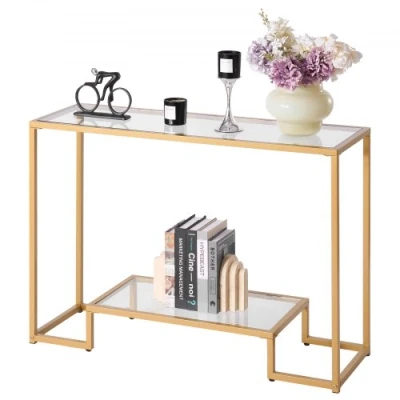 Image de VEVOR Table Console Rectangulaire Bout de Canapé en Verre à 2 Niveaux Dorée