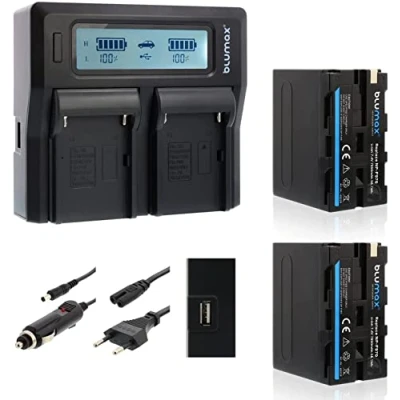Afbeelding van 2 x Blumax accu NP F970 / F960 LG cellen 7850mAh + dubbele lader Dual Charger compatibel met Sony F750 F550 F990 voor flitsers videolichten veldmonitoren