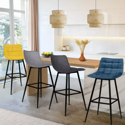 Afbeelding van Lot de 4 tabourets bar MADY en velours mix color bleu, gris clair, foncé, jaune