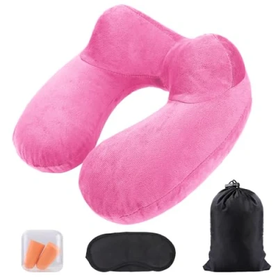 Afbeelding van AiQInu Opblaasbaar nekkussen, ergonomisch, compact, snel, met wasbare kussensloop, voor reizen in de auto, vliegtuig, trein, kantoor, familie