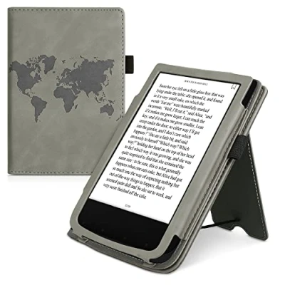 Afbeelding van kwmobile E reader hoesje geschikt voor Pocketbook Touch Lux 4/5/Touch HD 3/Color (2020)/ Vivlio 5 hoes flip case van kunstleer Ereader cover met stand Wereldkaart design in grijs