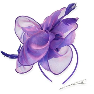 Afbeelding van Dreshow Fascinator hoed voor dames, met netband en veren, B paars, één maat