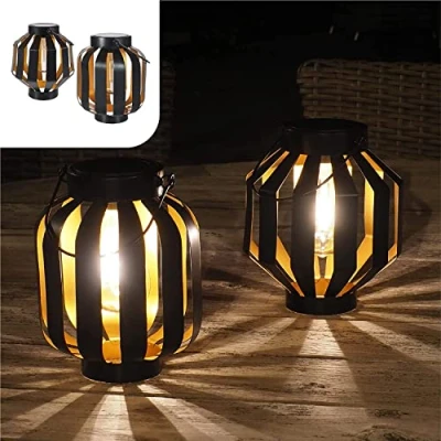 Afbeelding van Gadgy Solar Lantaarn Gloeilamp Set van 2 Tuinverlichting op Zonneenergie Led Buitenverlichting met dag/nacht Sensor Tafellamp Hanglamp Tuinlantaarn 20.5 x Ø 18 cm Zwart Metaal