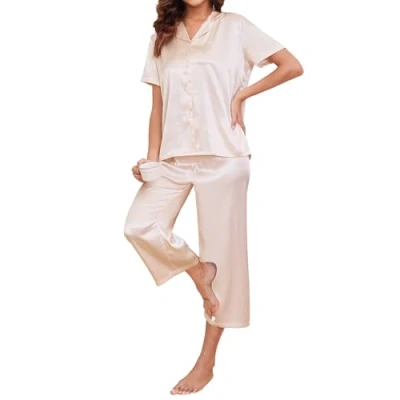 Afbeelding van Reliwel zijden pyjamaset voor dames, top met korte mouwen en broek, tweedelige pyjama knoopsluiting bruidsmeisjes, comfortabele nachtkleding, kleding, Champagne