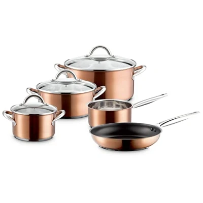 Afbeelding van Mäser Asterion pannenset in modern koperen design, 4 potten, 1 pan met antiaanbaklaag en 3 glazen deksels voor alle warmtebronnen, inclusief inductie, roestvrij staal, glas, koper