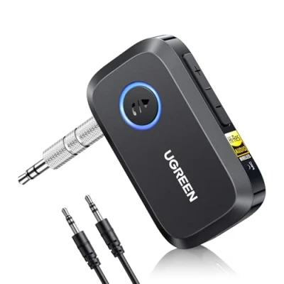 Afbeelding van UGREEN LDAC Bluetooth 6.0 Jack ontvanger voor auto, AUX adapter met geïntegreerde microfoon, handsfree, 17 uur batterijduur, dubbele verbinding luidspreker, bekabelde hoofdtelefoon, kabel 3,5 mm