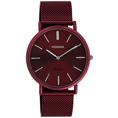 Afbeelding van Oozoo Vintage dameshorloge met dunne metalen armband van roestvrij staal Milanees analoog kwarts 40 mm, Rood,