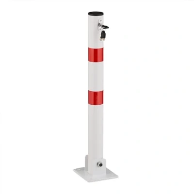 Afbeelding van Relaxdays Stalen hekpaal, inklapbaar, hoogte 65 cm, afsluitbaar, ronde parkeerpalen, wit/rood