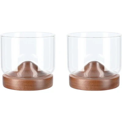 Afbeelding van Aretica Whiskey glas met houten onderzetter Bruin set van 2