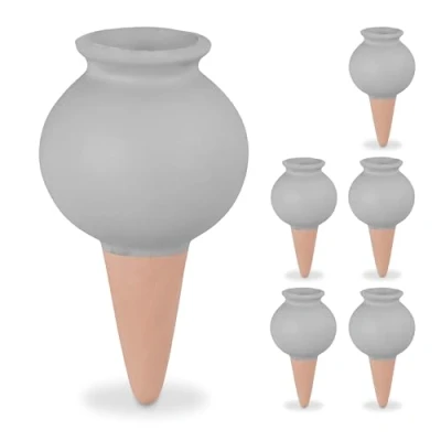 Afbeelding van Relaxdays 6 stuks keramische waterdruppelaar voor kamerplanten en balkonplanten, waterballen, terracotta/grijs