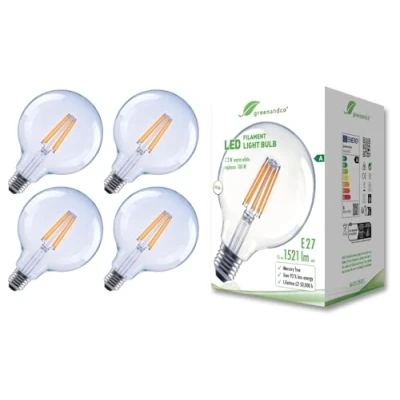 Afbeelding van greenandco 4 x transparante led filamentlampen, E27 G125, 7,2 W, 1521 lm, vervangt 100 3000 K, warmwit, 320 graden, 230 V, flikkervrij, energieklasse A, niet dimbaar