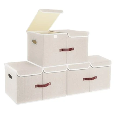 Afbeelding van TYEERS extra grote opbergdoos met vakken en deksels, van stof, opvouwbaar, wasbaar, 55 x 33 30 cm, 3 stuks, beige