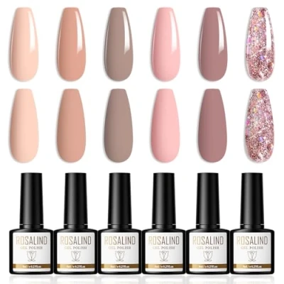 Afbeelding van ROSALIND semi permanente nagellak, 6 kleuren, uv gel, lichtroze, glitter, nude, UV/LED, French manicure, voor nail art, permanent, 8 ml