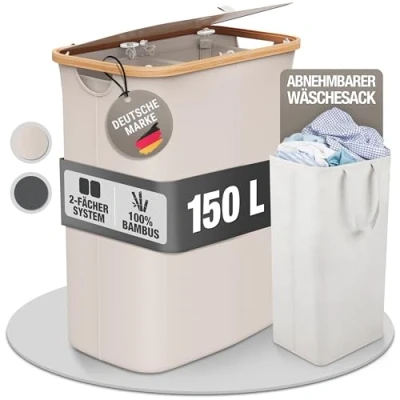 Afbeelding van Celeko Wasmand, 2 vakken met deksel, 150 liter, bamboestof, XXL, wasmand