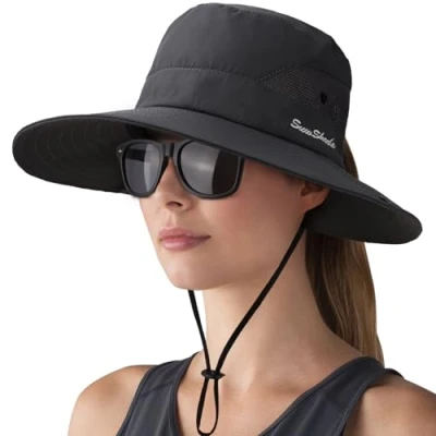 Afbeelding van DRESHOW Vrouw Zonnehoed Outdoor UV bescherming Hoed Opvouwbare Brede Rand Paardenvissen Staart UPF 50+, 1 set: zwart + bril brillenkoker, Eén maat