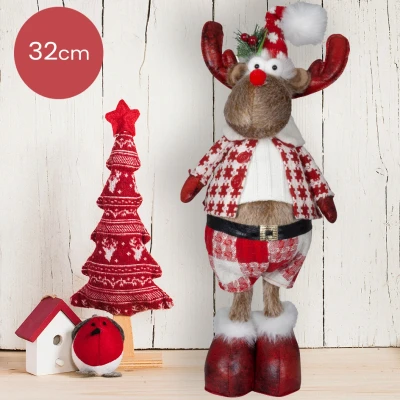 Afbeelding van Handgemaakt staand Rendier mannetje met open jas en rood/wit geblokte broek 32(40)cm