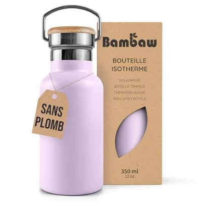 Afbeelding van Bambaw® 350ml RVS Thermosfles Isoleerfles, Dubbelwandig, Lekvrijen, loodvrij en Plasticvrij Geïsoleerde Fles met Bamboe Deksel voor Warme Koude Dranken Ideaal Reizen, Werk, Yoga, Wandelen Dagelijks Gebruik violet